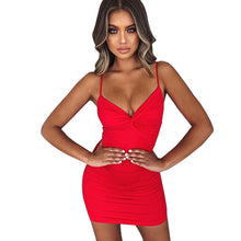 Load image into Gallery viewer, Summer 2019 Women New Fashion Red Color V Neck Bright Twisted Sling Dress Sexy Mini Dresses