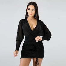 Load image into Gallery viewer, Bright Silk Shiny Dress Sexy Women Bodycon Bandage See Through Mini Dress Night Party Elegant Long Sleeve V Neck Vintage Robe Femme