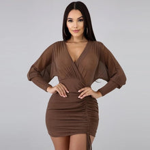 Load image into Gallery viewer, Bright Silk Shiny Dress Sexy Women Bodycon Bandage See Through Mini Dress Night Party Elegant Long Sleeve V Neck Vintage Robe Femme