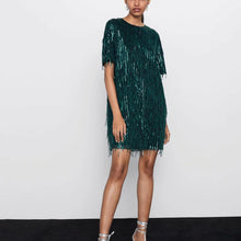 Load image into Gallery viewer, ZA women dress 2019 shiny fringed bright Chic lady green black streetwear sexy mini club party dress